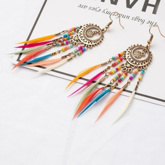 Couture Warrior Jewelry - Rainbow Hippie Boho Dream Catcher Feather Earrings